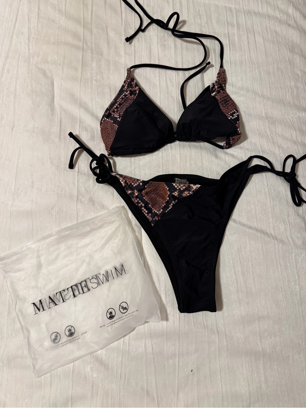 Mattehswim Black Bikini with Brown Snake-Print Trim
